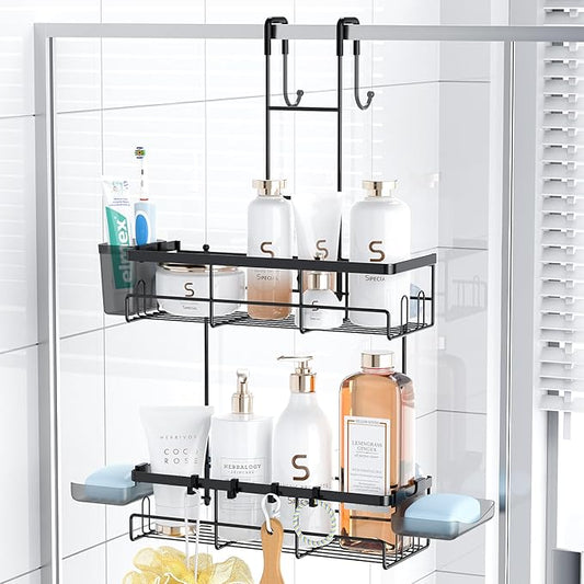 Over the Door Shower Caddy Hanging: No Drill Rustproof Shower Organizer | Includes Hooks & Soap Holders for Shampoos, Conditioners and Bathroom Essentials, Anti-Slip for Any Shower Room