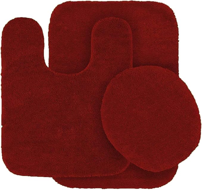 3pc Solid Non Slip Soft Bath Rug Set for Bathroom U-Shaped Contour Rug, Mat and Toilet Lid Cover New Angela (Red)
