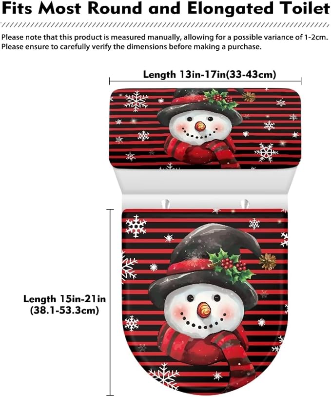 Christmas Toilet Lid Cover and Tank Cover Set of 2 Pack Cute Snowman Toilet Seat Cover Set Washable Toilet Tank Lid Cover Christmas Decor