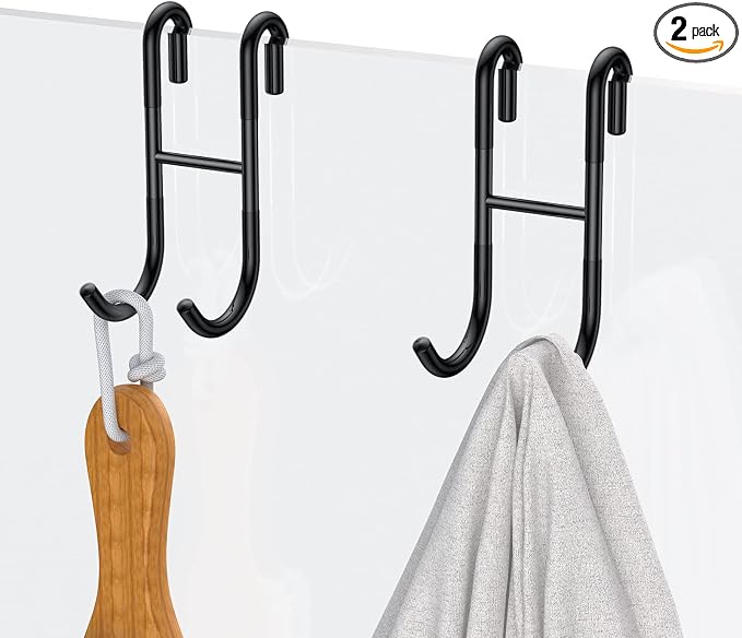 Over Door Hooks, Shower Hooks 2-Pack Black Frameless Glass Shower Door, Towel Hooks for Bathroom