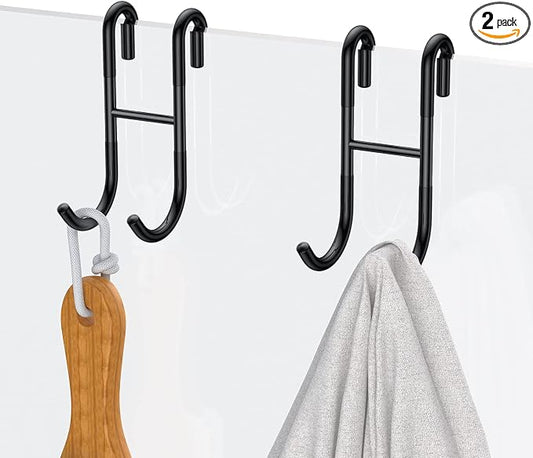 Over Door Hooks, Shower Hooks 2-Pack Black Frameless Glass Shower Door, Towel Hooks for Bathroom