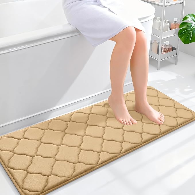 OLANLY Memory Foam Bath Mat Rug 47x17, Ultra Soft Bathroom Rugs, Beige | Thick Absorbent Carpet, Non-Slip Backing, Machine Washable, for Bathroom Floor, Tub, Shower and Home Decor Accessories