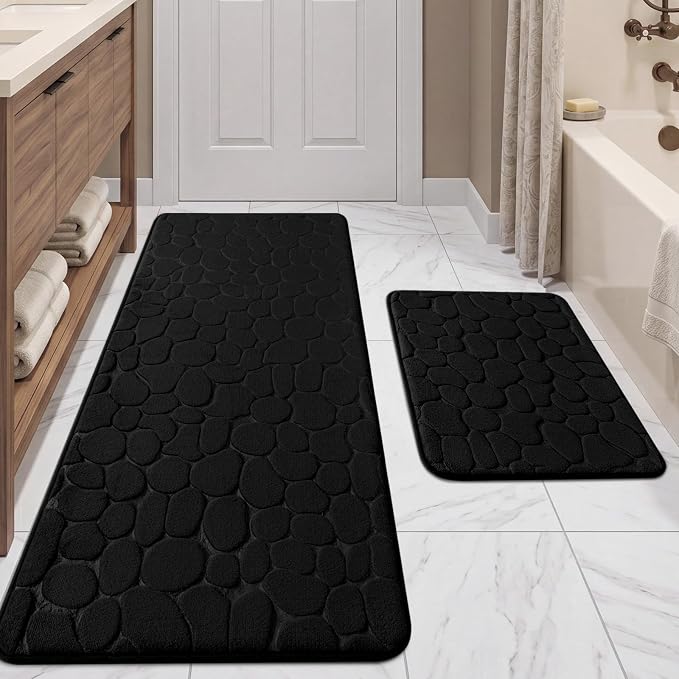 YIHOUSE Bathroom Rugs Mat Set, Memory Foam Bath Mat 2 Piece Black | 17x24&20x46, Non Slip, Water Absorbent, Washable, Bath Mat For Bathroom, Sink and Toilet