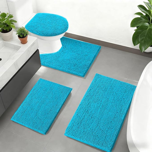 RUN HELIX Teal Bathroom Rug Set - 4 Piece with Toilet Lid Cover, Non Slip Mats, Extra Soft Chenille, Absorbent Shaggy, Perfect Plush U-Shaped Toilet Rug