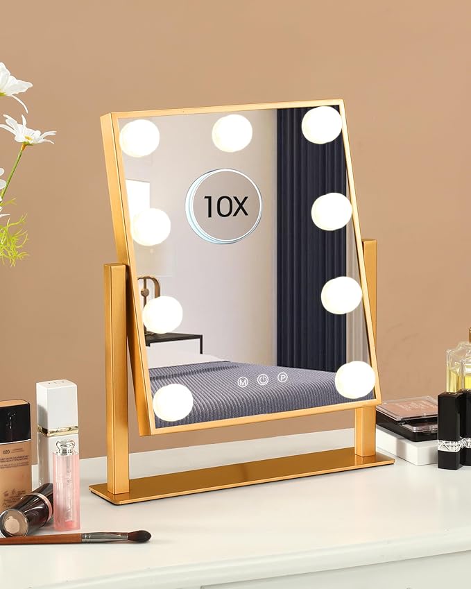 BWLLNI Lighted Makeup Mirror, Gold Vanity Mirror with Lights,9 LED Bulbs | Hollywood Mirror Touch Control Design 3 Colors Dimmable Bulbs Detachable 10X Magnification 360°Rotation