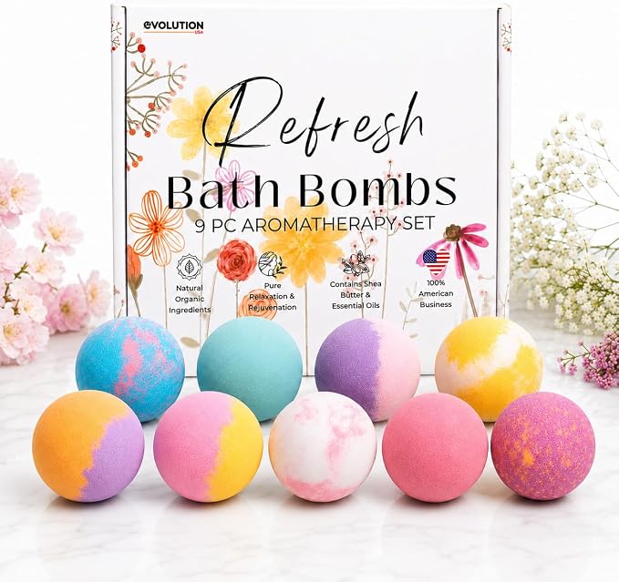 EvolutionUSA 9 Refresh Bath Bombs for Women – Fun Bath Bombs Mini Sized, Fun Womens Gift for Mother’s Day, Easter, Valentines, Birthday or Self Care, Organic Bathbombs Kids & Women, Bath Fun