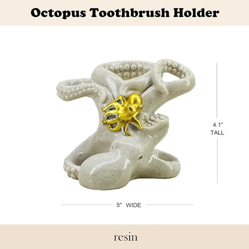 5-inch Gold Octopus Toothbrush Holder - Resin Bathroom Organizer with Mother & Baby Design, Nautical Theme Decor & Suction Cup Base