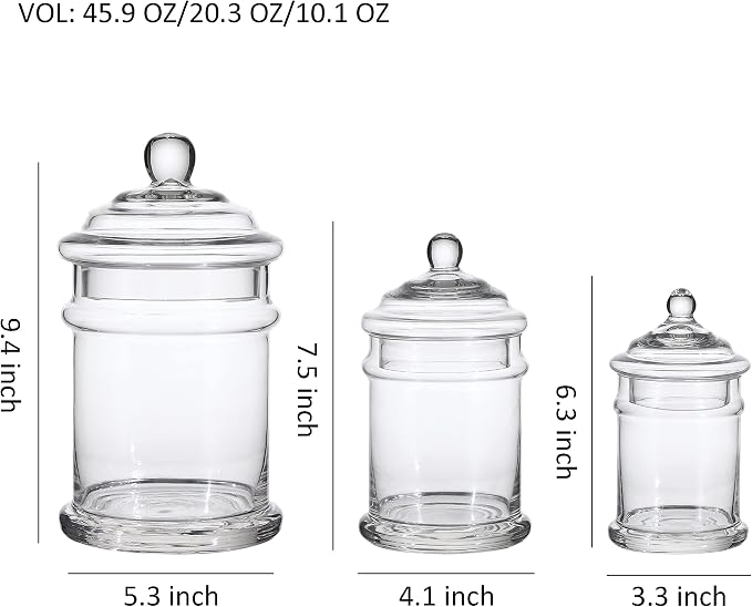 Glass Apothecary Jars Bathroom Storage Organizer Canisters (Set of 3, Clear)