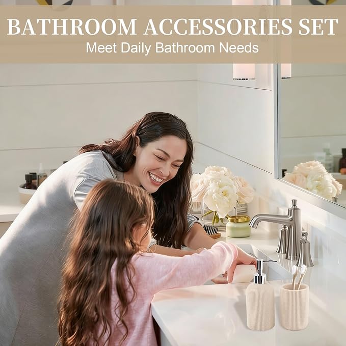 Beige Bathroom Accessories Set Include Soap Dispenser and Toothbrush Holder | Modern Stripe Design, Resin Bathroom Set 2 Piece for Bathroom Countertop Storage and Decoration