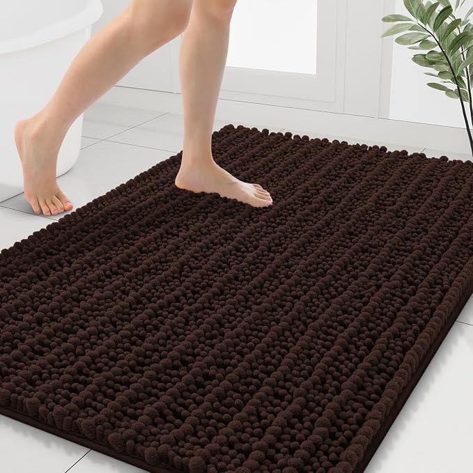 Smiry Bathroom Rugs 40X32, Extra Soft Rubber Backing Chenille Bath Mats | Brown Machine Washable Non Slip Quick Dry Bath Mats for Bathroom Floor, Tub, Shower, Home Decor Accessories