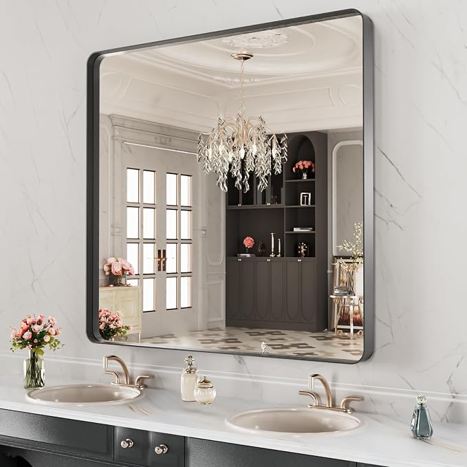 LOAAO 40X38 Inch Black Metal Framed Bathroom Mirror for Wall | Matte Black Bathroom Vanity Mirror, Anti-Rust, Tempered Glass, Hangs Horizontally or Vertically