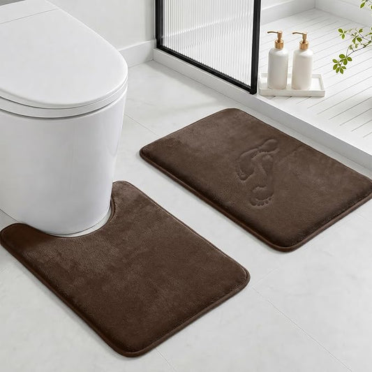 Bathroom Rugs Sets 2 Piece, Non-Slip & Quick Dry Bath Mat Set, Ultra Soft Velvet Bath Rugs for Bathroom, Toilet and Shower Floor, Brown