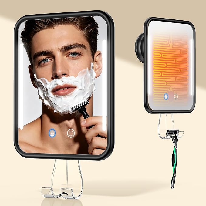 Gospire Heated Shower Mirror with Light Fogless Mirror for Shaving 2026New | 5000mAh Rechargeable Battery, Detachable Suction Cup, Razor Holder for Wall, NO-Drilling, Waterproof for Bathroom