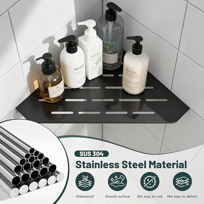 10" Corner Shower Shelf, Recessed Corner Shelves, 304 Stainless Steel Slot Design Bathroom Shower Shelves for Tiled Wall, 2 Pack, Matte Black