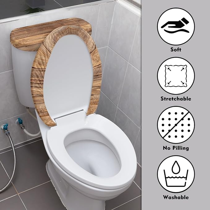 Brown Wood Print Toilet Lid Cover Set of 2 Pack,3D Wood Print Toilet Seat Lid Covers Washable Replacement Bathroom Elongated Round Oval