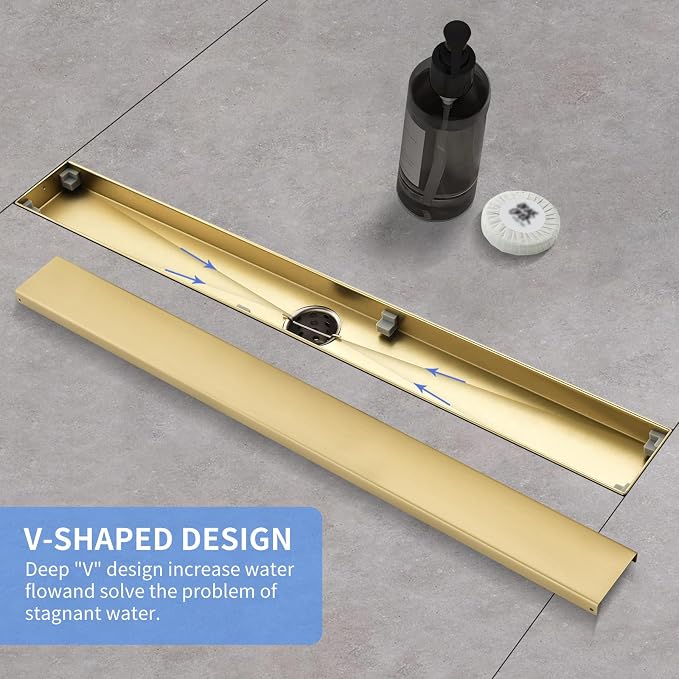Linear Shower Drain ，with Tile Insert Panels ，48 Inch Brushed Gold 304 Stainless Steel Rectangle Shower Floor Drain，with Hair Catcher, Adjustable Feet