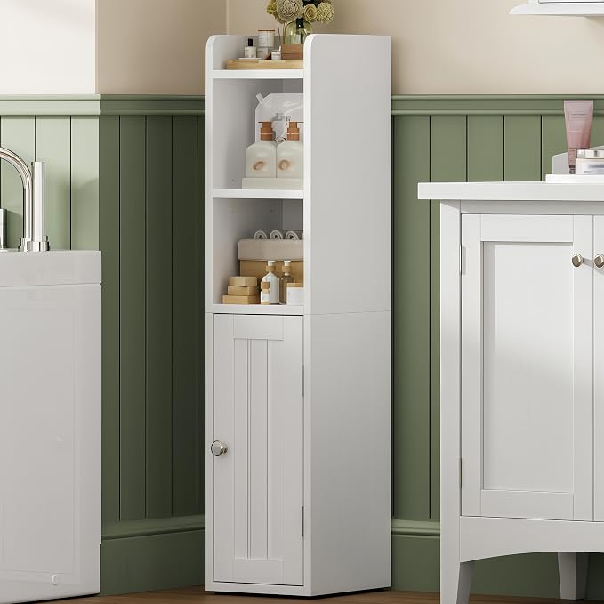 ChooChoo Small Bathroom Storage Cabinet, 7.1“W * 7.9”D Corner Floor Cabinet with Door and Adjustable Shelf, Narrow Toilet Paper Cabinets, Slim Bathroom Organizers for Small Spaces and Bathroom, White