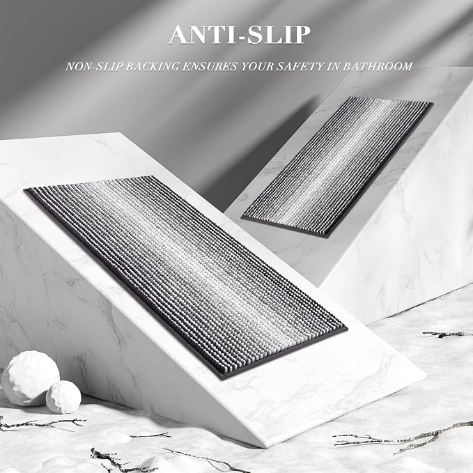Bathroom Rugs Sets 2 Piece, Non Slip Striped Bath Mats, Gray | 20"x47" Plus 16"x24", Soft Absorbent Chenille, Quick Dry Machine Washable, Shower Rug for Bathroom Floor, Tub, Bedroom Decor