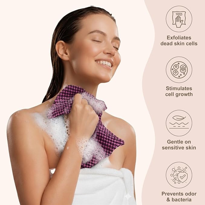 Dual-Textured Exfoliating Washcloth Towel - Back Scrubber for Use in Shower Bath, Exfoliating Body Scrubber Exfoliator, Japanese Exfoliate Loofah Lufa Sponge Wash Cloth for Women Men