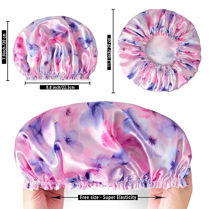 Shower Caps for Women, 4 PCS Reusable Waterproof Bath Cap | Double Layer, Washable, Wide Elastic Band, Holds Long Hair, Caps for Bath Accessories, Spa, Travel Home - Flower C