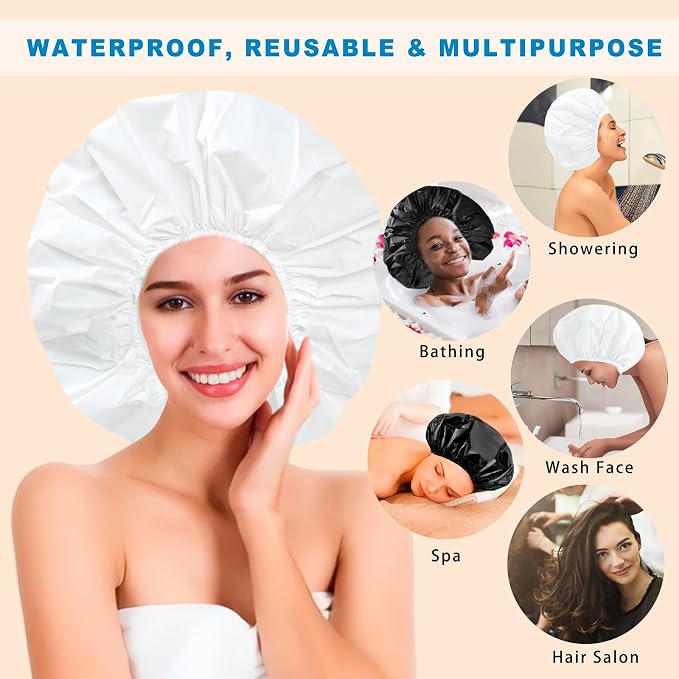 Super Jumbo Shower Cap for Women, 2 PCS Waterproof Hair Caps for Locs | Extra Large, Double Side Reusable PEVA Bath Cap, Washable, Holds Long Thick Twist Braid - Black + White