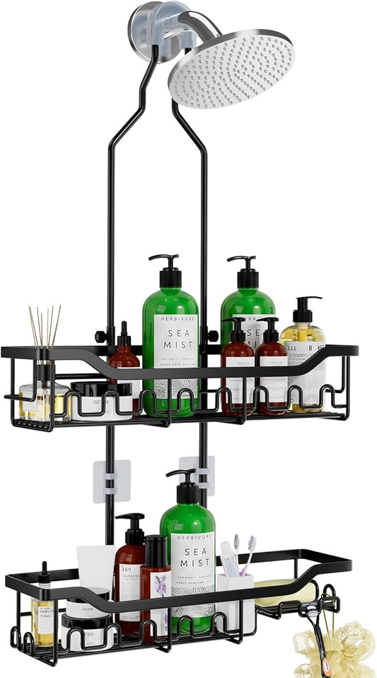 Shower Caddy Hanging Organizer, Extra Large Rack Over Showerhead with Hooks, Adjustable Height Shower Caddy for Big Shampoo Bottle, Black