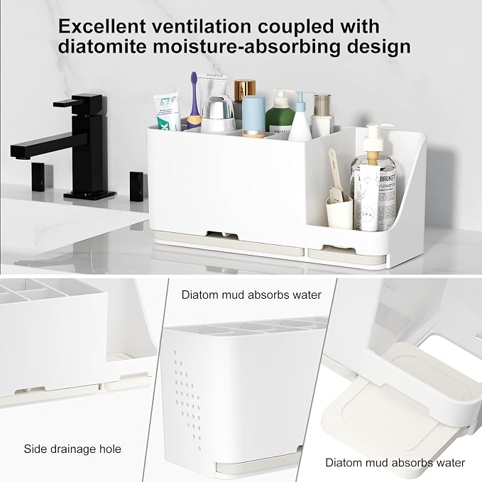 Bathroom Countertop Organizer with Water Absorbent Diatomite,8 Slots Bathroom Toothbrush Holder with Adjustable Dividers,Bathroom Sink Organizer Countertop (White)
