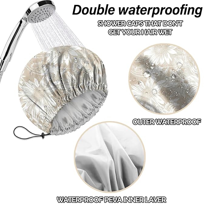 2 PCS Shower Cap Reusable Waterproof Double Layers Hair Caps Shower Bath Adjustable Elastic Hat for Women Girls Cute Aesthetic-Sunflower