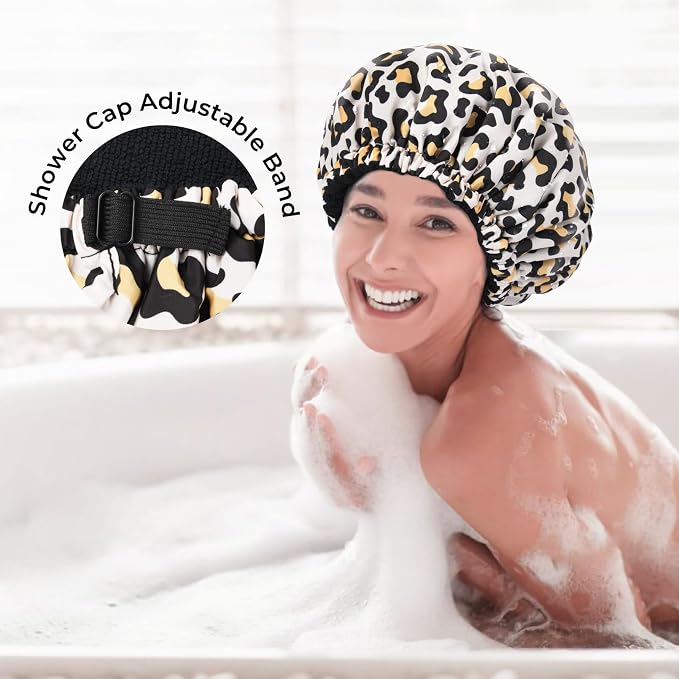 Shower Cap for Women Terry Lined Bath Cap Large Reusable Waterproof Elastic Band Leopard Shower Caps for Long Thick Hair Soft Bath Shower Hair Caps