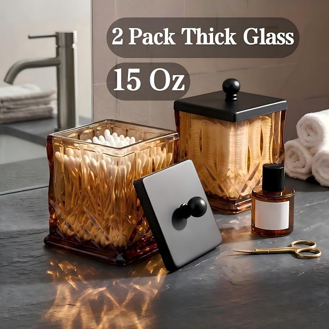 2 Pack Glass Qtip Holder Dispenser Set,Square Bathroom Apothecary Jars with Matte Black Lid for Cotton Swabs, Balls, Pads,Floss Picks, Vanity Storage Container for Makeup, Candy, Jewelry(15 Oz, Amber)