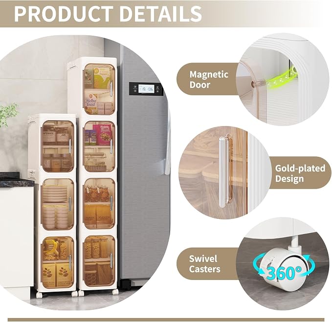 4 Tier Slim Bathroom Storage Cabinet, Foldable and Movable, Beige | Tools Free, ABS and PET, Magnetic Clear Door, Adjustable Shelves, Lockable Wheels, Water Resistant, For Narrow Space