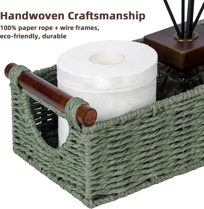 CubesLand Small Wicker Toilet Basket Tray Organizer W/Cut Out Handle, Handwoven Slim Decorative Basket for Countertop, Shelves And for Rustic Home Decor, Living Room, Nursery Organization, Green