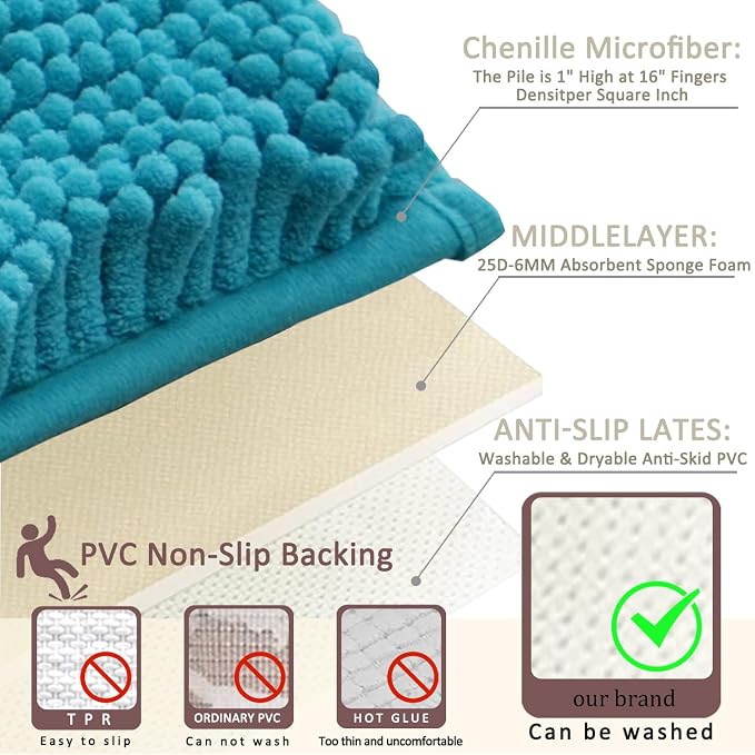 Bathroom Rugs Sets 3 Piece Non Slip,Bath Rugs with PVC Backing Bath Carpet,Bathroom Rug Washable,Absorbent,Plush Carpet Mats,Bath Mats for Bedroom, Kitchen,Tub,Home Decor (Turquoise)