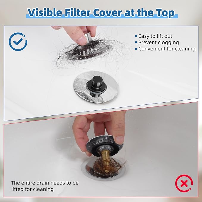 2PCS Universal Bathtub Drain Stopper, All Metal Top Hair Catcher, Chrome | Shower Drain Tub Stopper with Stainless Steel Visible Filter Basket, Upgraded 3 in 1 Pop-up Drain Plug for 1.5 to 2.4" Hole
