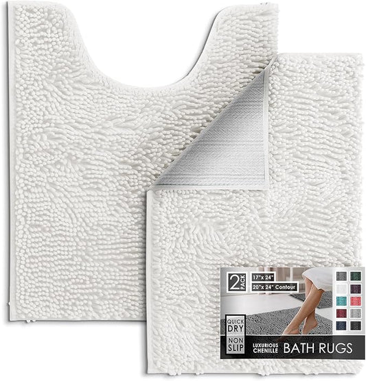 Hearth & Harbor Bathroom Rugs, Chenille Bath Mat - Machine Washable Bath Mats for Bathroom Non-Slip Backing Rubber, Quick Dry Bathroom Mat - White 17x24-20x24