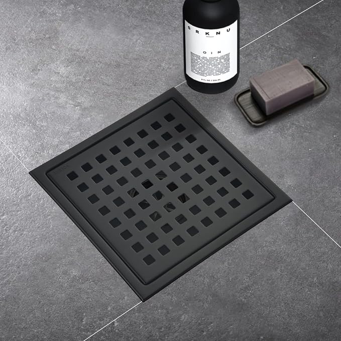 6 Inch Square Shower Drain with Flange,Matte Black，Quadrato Pattern Grate Removable,Food-Grade SUS 304 Stainless Steel，with Hair Strainer