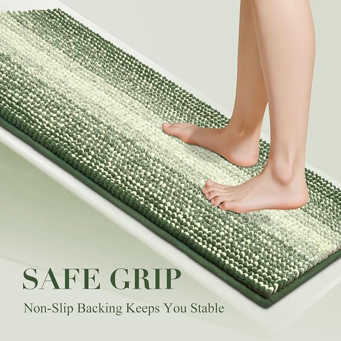 BSICPRO Bathroom Rugs, 20x32 Chenille Bath Mats, Green | Extra Soft Absorbent, Non Slip Striped, Quick Dry Machine Washable, Shower Rug for Bathroom Bedroom Decor