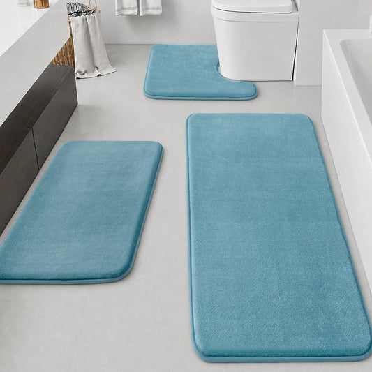 HUXMEYSON Bathroom Rugs Sets 3 Piece, Non-Slip & Quick Dry Bath Mat Set, Ultra Soft Velvet Bath Rugs for Bathroom, Toilet and Shower Floor, Lake Blue