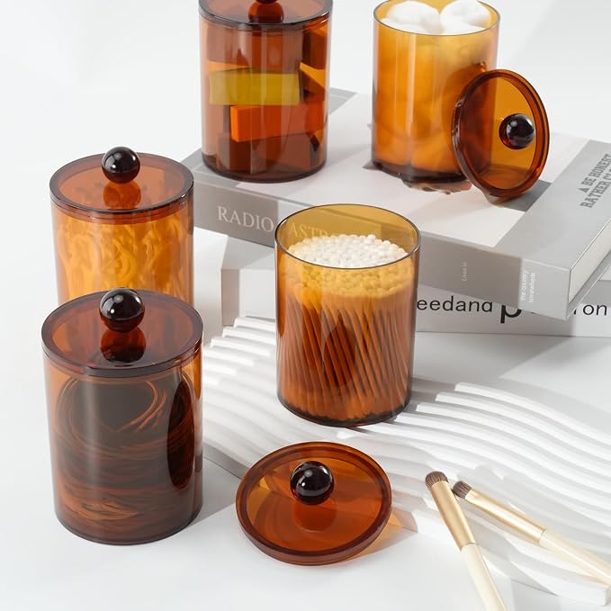 2 Pcs Acrylic Qtip Holder, Cotton Ball Holder Jars with Lids, Brown | Apothecary Jars for Cotton Swabs, Balls, Pads and Floss Picks, Bathroom Vanity Organizer