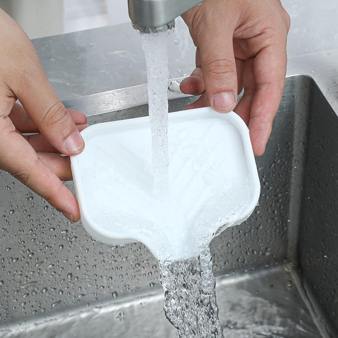 MicoYang Silicone Soap Dish with Drain Spout, Self-Draining Sink Organizer Tray for Bathroom and Kitchen, Sponges, Dispensers and Soap Holder, Non-Slip and Dishwasher Safe, White (Compact, 4.9"×3.2")