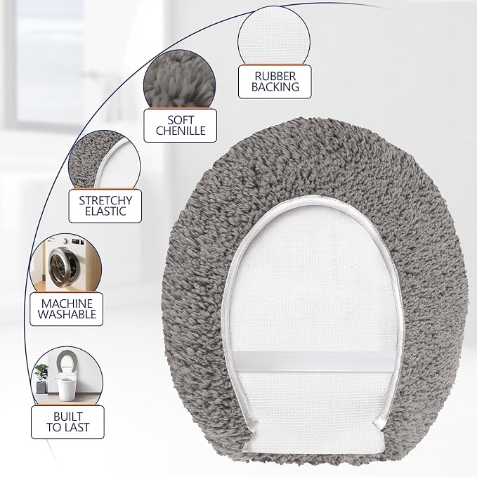 Soft Microfiber Toilet Seat Cover 17.5" x 15" Machine Washable | Solid Toilet Lid Cover Adjustable Rubber Backing Fits Most 16 -17.5" L x 14-16" W Round Oblong and Elongated Toilet Seat