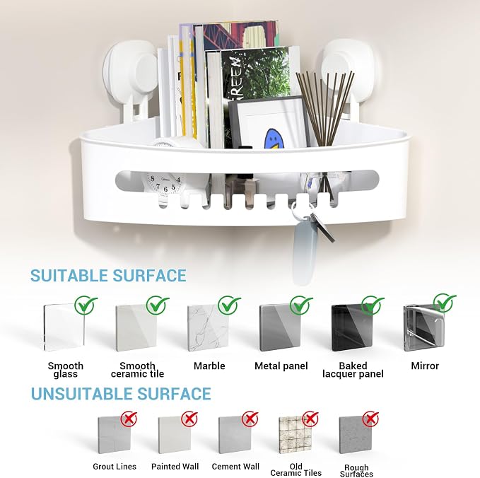 LUXEAR Corner Shower Caddy Suction Cup No-Drilling Removable Shower Caddy Basket Powerful Suction Bathroom Shower Shelf Waterproof & Rustproof Organizer for Bathroom Storage - White