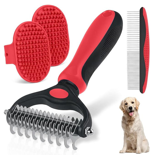 Pet Grooming Kit Brush and Metal Comb Combo, Double Sided Dematting Undercoat Rake Deshedding Brush for Long Short Matted Haired Dogs & Indoor Cats, Gift for Pet Lovers (Red Kit 4PCS)