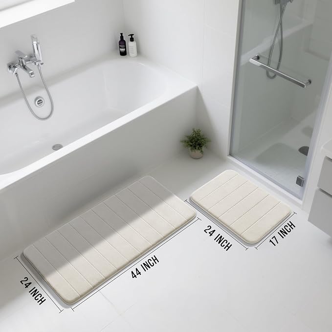 Yimobra Large Bath Mat Set 2 Piece- Super Soft Absorbent Quick Dry Memory Foam Bathroom Rugs, Machine Washable Non Slip Floor Carpet for Tub Shower & Double Vanity (17x24 & 44x24, Cream White)