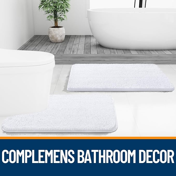 OLANLY Chenille Bathroom Rugs Mats Sets 2 Piece, 47"x20"+24"x20", White | Soft Absorbent Bath Mat and U-Shaped Contour Toilet Rug Set, Quick Dry, Machine Washable Bath Carpet, Home Decor Accessories