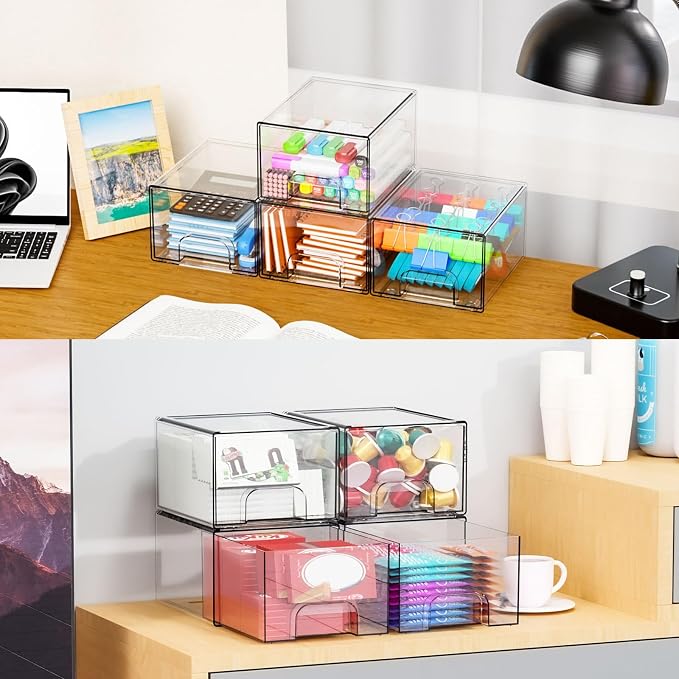 4.4" Tall Small Clear Acrylic Stackable Storage Drawers for Vanity,Under Sink,Bathroom Closet,Medicine Cabinet Organization and Plastic Storage Bins for Organizing Makeup,Baby Bottles,Pacifier,4 PCS