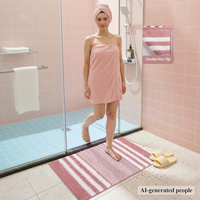 Bathroom Rugs, 20x32 Chenille Bath Mats, Dusty Pink | Extra Soft Absorbent, Non Slip Striped, Quick Dry Machine Washable, Modern, Shower Rug for Bathroom Bedroom Decor