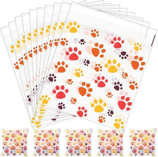Pasimy 200 Pcs Paw Plastic Bags Pet Cellophane Bags Self-adhesive Clear Treat Pouches for Pet Dog Theme Party Supplies Decor(Fall Color)