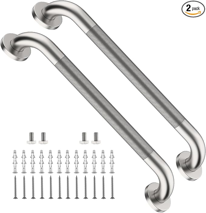 2 Pack Shower Grab Bar 20 Inch, ZUXET Brushed Nickel Handicap Grab Bar w/Knurled Grip, 304 Stainless Steel Bathroom Handrail for Toilet, Shower, Bathtub, Wall Mounted Anti-Slip Support Bar for Seniors