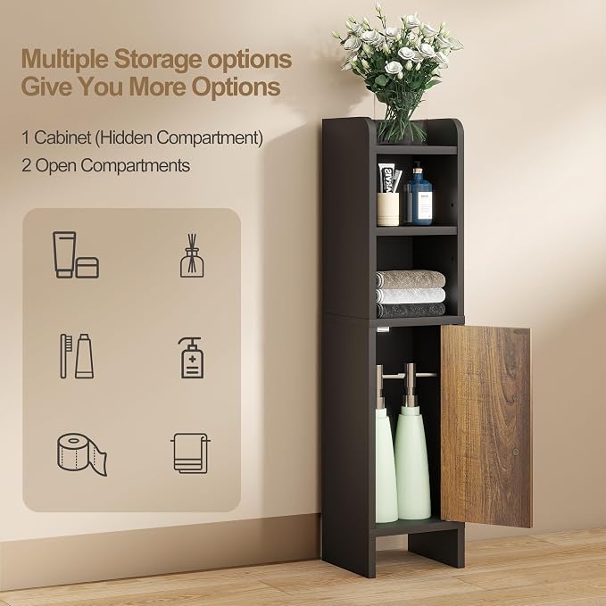 Small Bathroom Storage Corner Floor Cabinet Narrow Toilet Paper Cabinet with Adjustable Shelves Wooden Slim Bathroom Organizers and Storage with Fluted Door for Small Spaces, Black